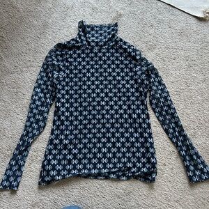 Rafaella Navy and White Geometric Long Sleeve Turtleneck Top